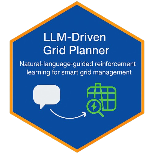 Badge for LLM-Driven Grid Planner showing grid and AI reasoning icons.